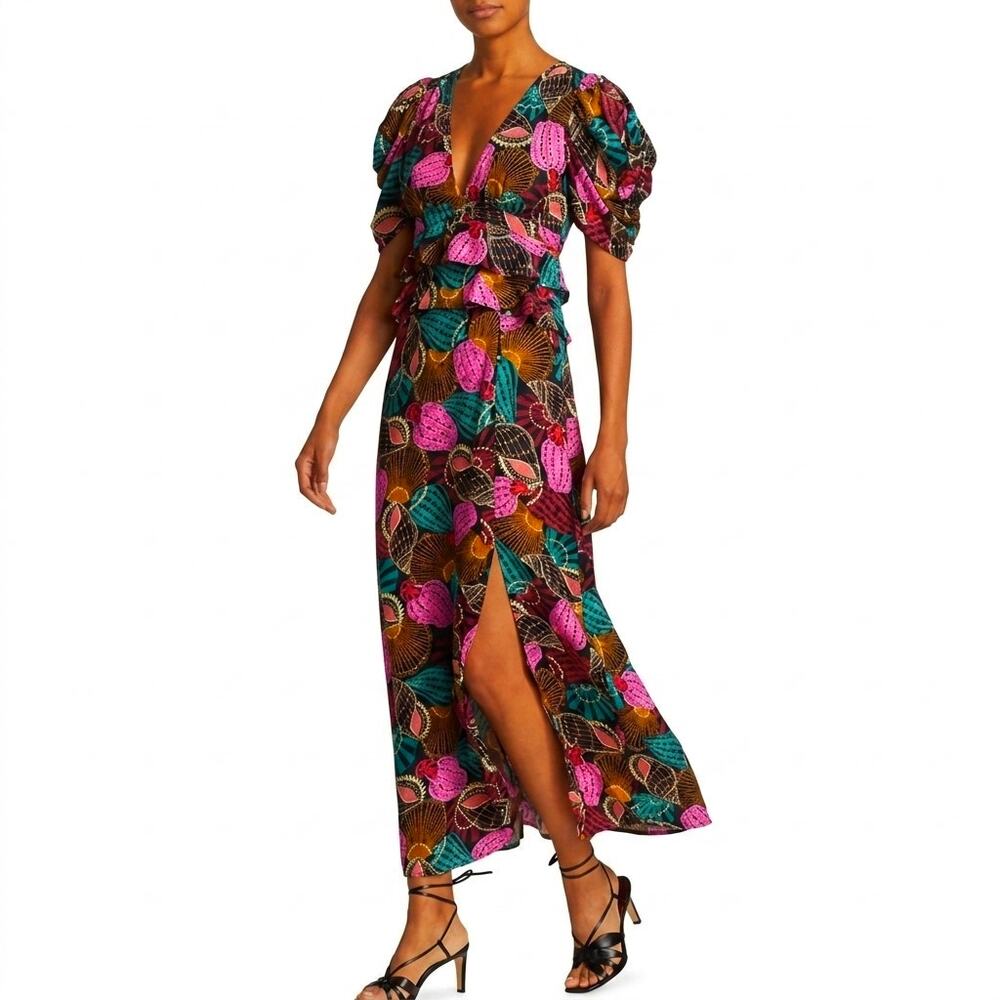 Farm Rio Midi Dress Shell Mix Plunge V-Neck Ruffled Slit Pink Teal Multicolor XS